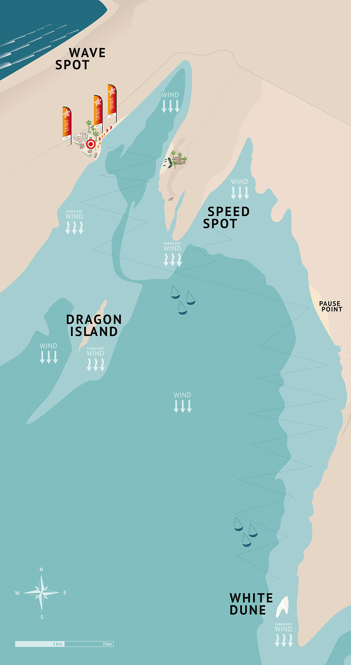 Kitesurf lagune kaart met windrichtingen, spots en downwind tours bij KBC New Spirit Dakhla kitesurfcentrum