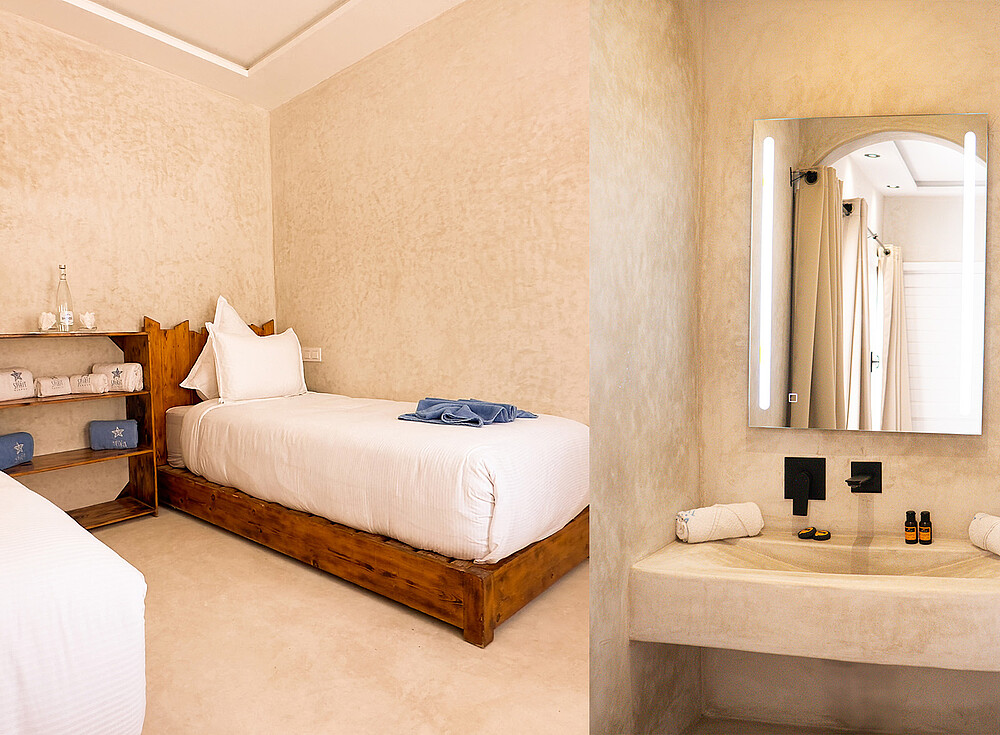 NewSpiritDakhla Bungalow Standard - modern hotel room with wooden bed and bathroom at Dakhla kiteboarding resort