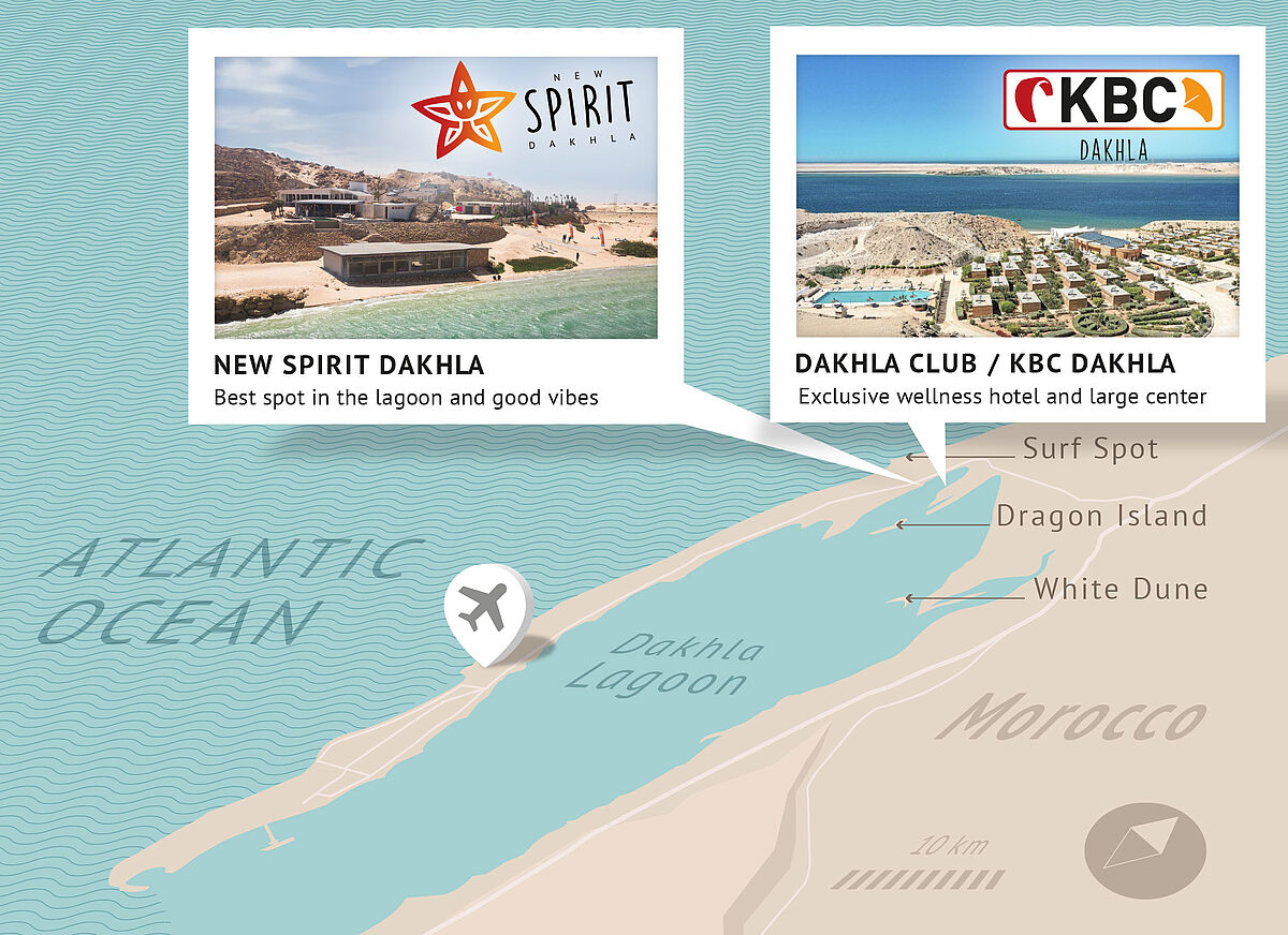 Dakhla Lagune hotels watersport kaart KBC kitesurf wingfoil Marokko
