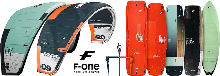 Equipamento premium F-One kitesurfing - pipas e pranchas para esportes aquáticos e destinos de kitesurf
