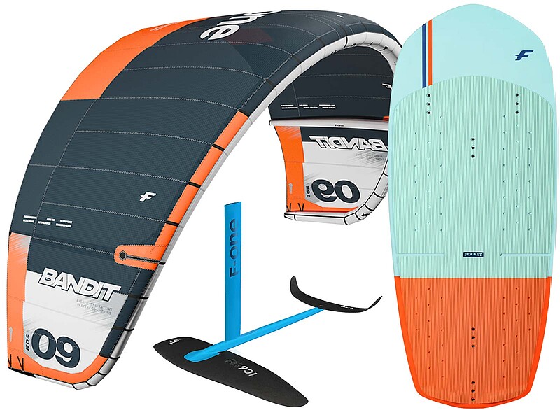 Pipa de kitesurf F-One Bandit com prancha pocket e foil - equipamento completo de kiteboarding para desportos aquáticos