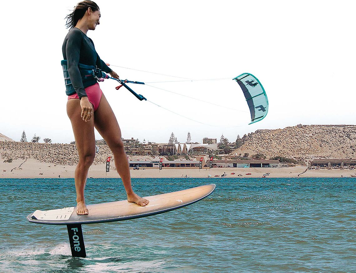 Kitesurf School Dakhla Lagoon KBC - F-ONE kitesurfer on foilboard with kiteboarding in the Dakhla lagoon Morocco