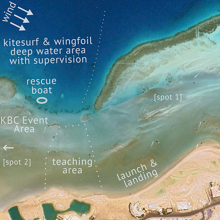 Luchtfoto kitesurfing spotkaart van Kiteboarding Club KBC El Gouna met kitesurf zones en strand overzicht