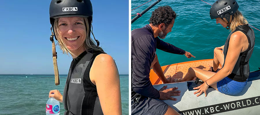 Foilsimulator beim Kitesurfen-Training am Strand - Kiteboarding Wassersport und Reiseziel mit türkisfarbenem Wasser