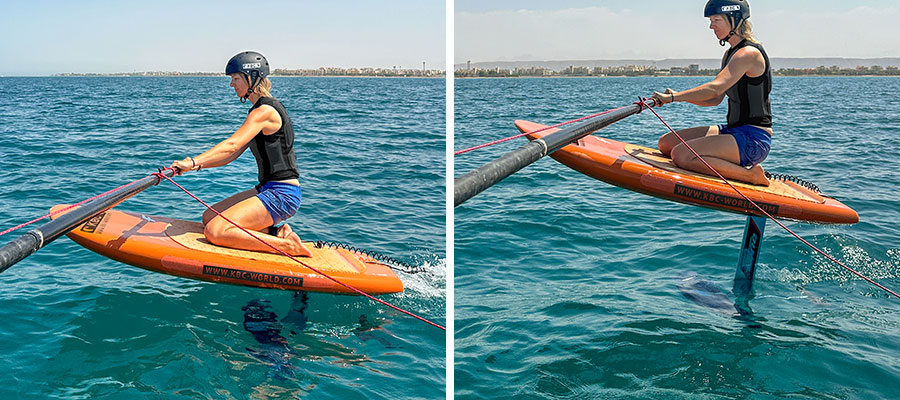 Foilsimulator beim Hydrofoil Kitesurfing Training auf türkisblauem Wasser - Wassersport und Kiteboarding Abenteuer