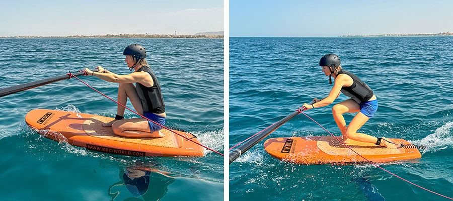 Foilsimulator beim Kitesurfen auf orangem Board in türkisblauem Wasser - Wassersport und Kiteboarding Action