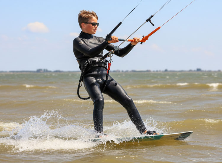 Holland Kitesurf Kurse kitesurft op strand bij Kiteboarding Club KBC Hindeloopen, watersport en kitesurfles