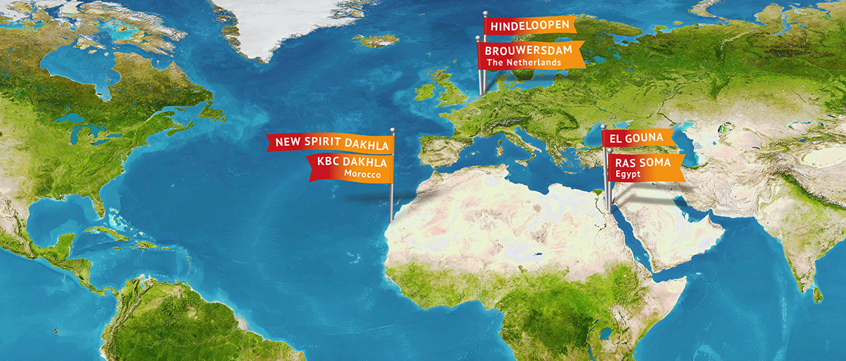Kitesurf Kids Bestemmingenkaart toont kitesurfspots wereldwijd: Dakhla Marokko, El Gouna Egypte, Hindeloopen Nederland