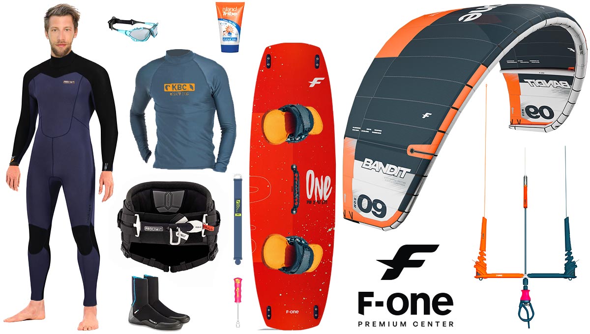 Complete kitesurfing uitrusting set met wetsuit, kite, board, trapeze en accessoires van F-One voor kitesurfen