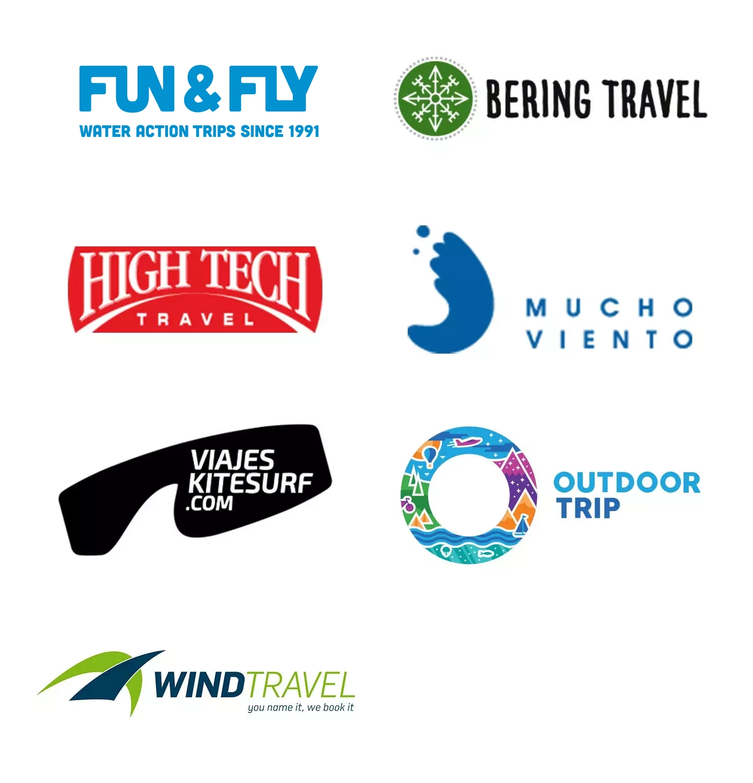 Kiteboarding and travel partner logos: Fun&Fly water action trips, Beijing Travel, High Tech Travel, Mucho Viento, Viajes Kitesurf, Outdoor Trip