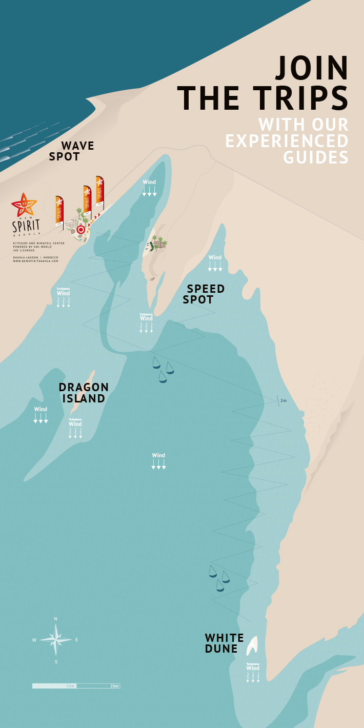 Carte lagon kitesurf avec itinéraires trip et spots downwind au centre KBC New Spirit Dakhla Maroc