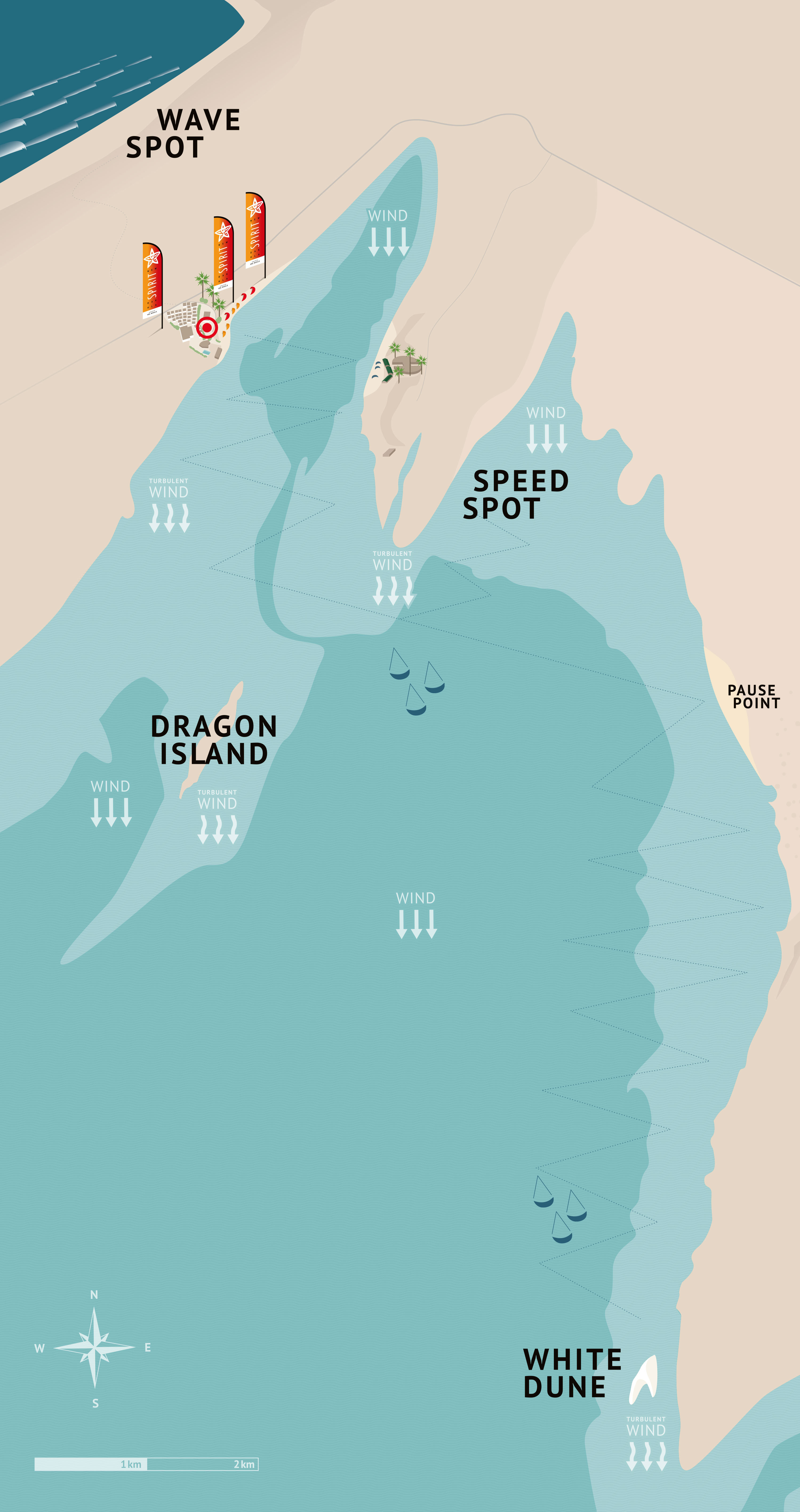 Kitesurf lagune kaart met windrichtingen, spots en downwind tours bij KBC New Spirit Dakhla kitesurfcentrum