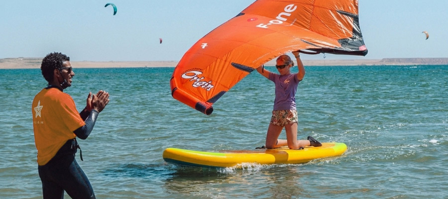 Wingfoiling kids course at KBC New Spirit Dakhla - water sports lessons on the beach of Dakhla Morocco with instructor