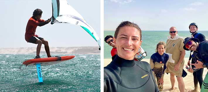 Événement wingfoil au KBC New Spirit Dakhla - kitesurfeur foil et équipe souriante sur plage Maroc
