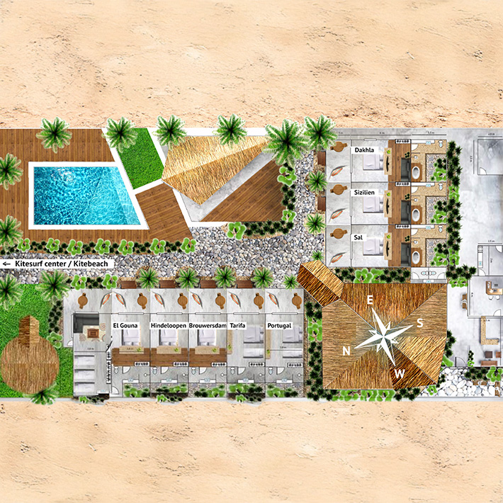 Planta do complexo KBC Parajuru com piscina, acomodações e centro de kitesurf na praia do Ceará, Brasil