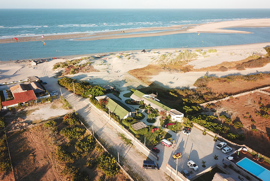 Aerial view of Kiteboarding Club KBC Parajuru beachfront location in Ceará, Brazil - premier kitesurfing destination
