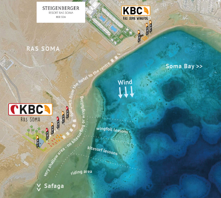 Mapa RS do spot KBC Ras Soma mostrando direção do vento e zonas de kitesurf no Mar Vermelho
