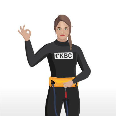 Kitesurf Handzeichen OK-Zeichen Kiteboarding Instruktorin zeigt wichtige Wassersport Signale für sichere Kite Sessions