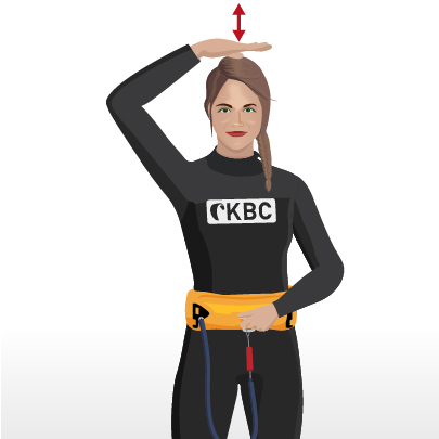 Kitesurf Handzeichen Instruktorin demonstriert Kitesurfing Signal mit Hand über Kopf in KBKC Neoprenanzug