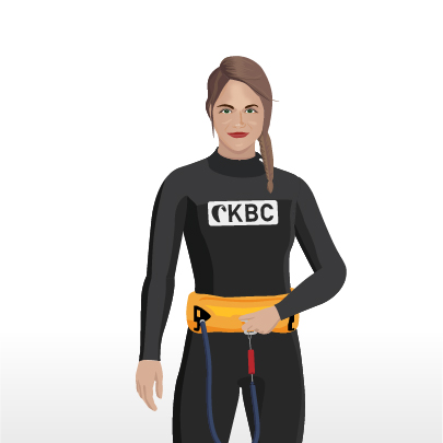 Kitesurf Handzeichen - Frau in KBKC Kiteboarding Ausrüstung zeigt Wassersport Signal für sicheres Kitesurfen