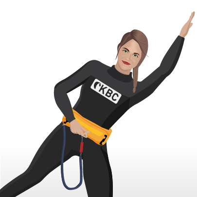 Kitesurf-Instruktorin Handzeichen zeigt Kiteboarding-Signale in schwarzer Ausrüstung mit Trapez für Wassersport