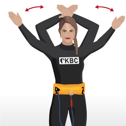 Kitesurf Handzeichen - Kitesurferin zeigt Wassersport-Handsignale für Kiteboarding Sicherheit und Kommunikation