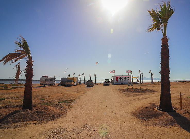 Kitesurfing beach in Sicily with palm trees and CKBC kite station - perfect kiteboarding destination by the sea
