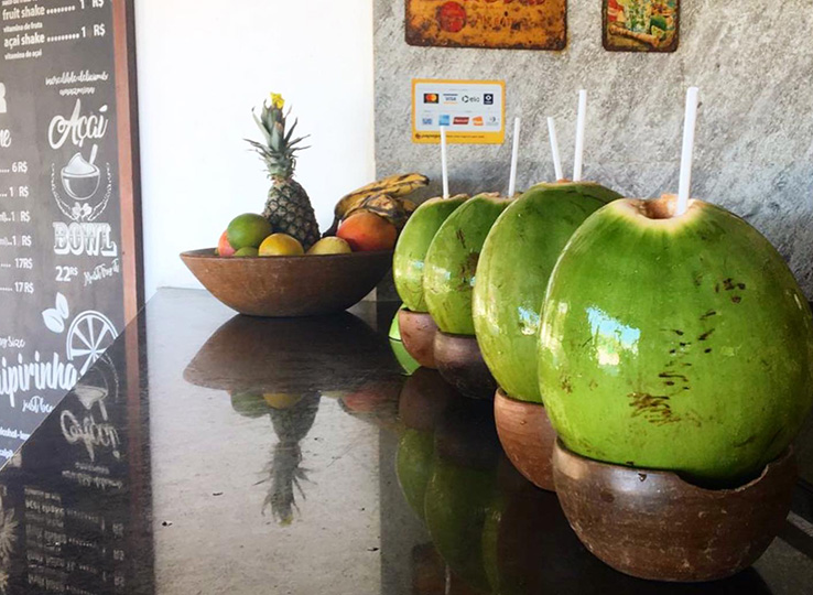 Fresh tropical fruits and coconuts at beachside café - perfect refreshment after kitesurfing water sports session