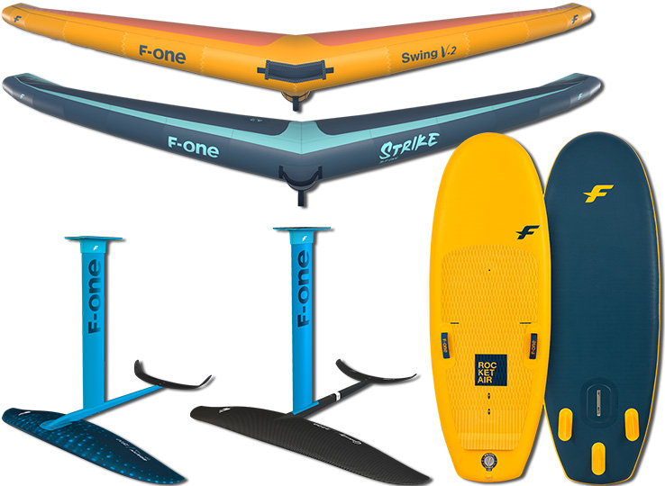 F-One kitesurfing gear collection - Swing and Strike kites, hydrofoil boards for kiteboarding water sports adventures